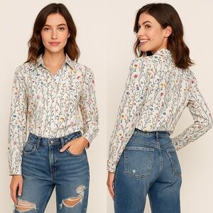 💐 SHEIN Floral Bouquet Button-Up Blouse 🌿 Size S